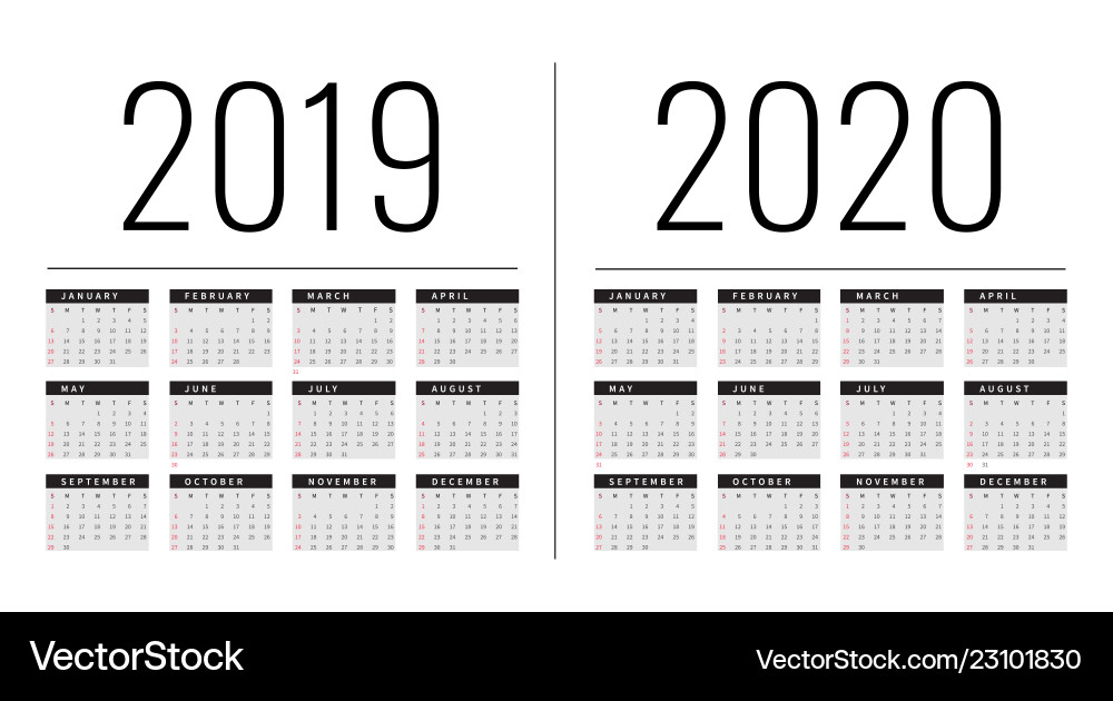 Mockup simple calendar layout for 2019 and 2020 vector image