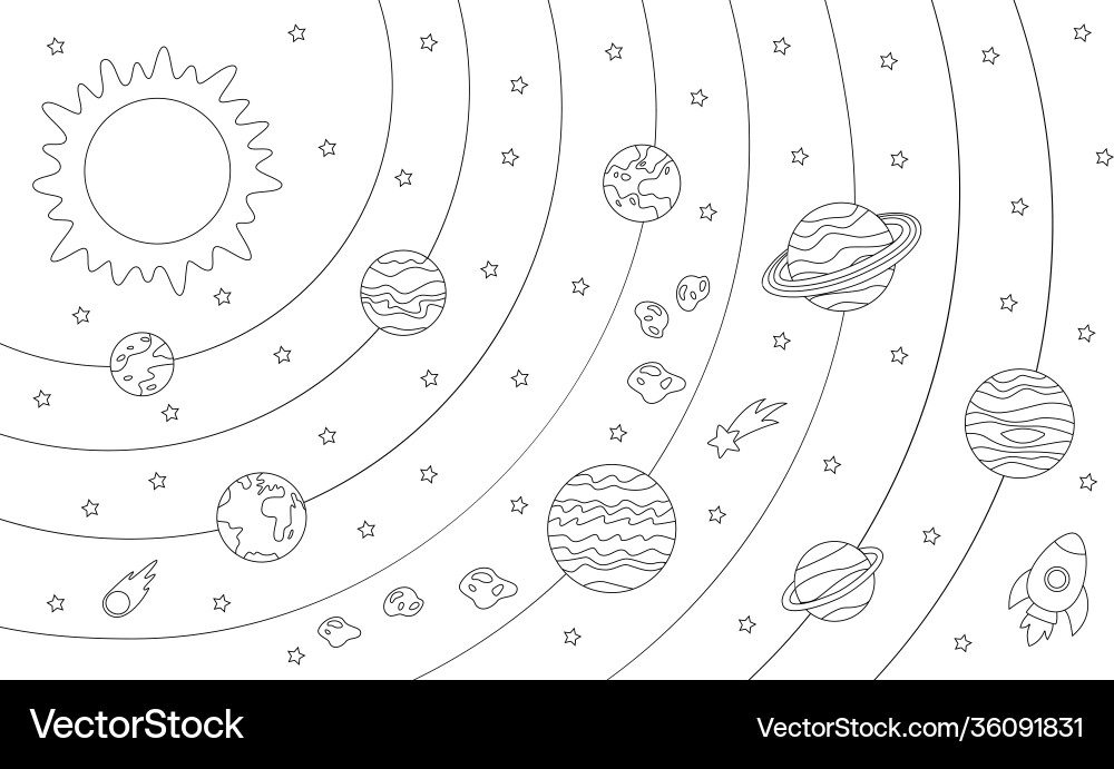 Solar System Coloring Page - Planets & Stars Vector Image