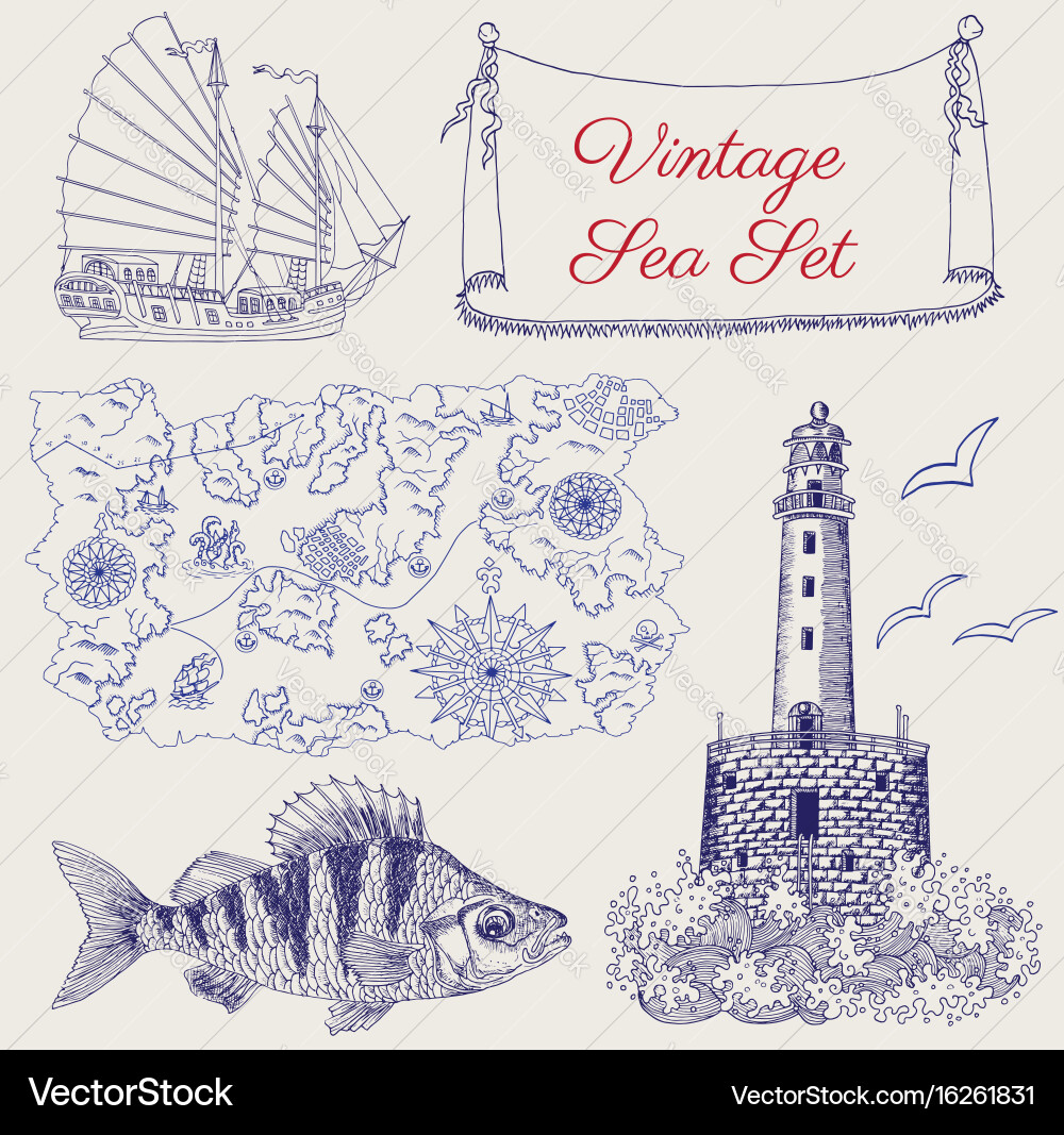 Vintage sea set with pirate map and objects vector image