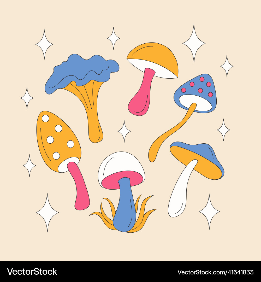 Retro mushromms and sparkles on light background Retro mushromms and sparkles on light background Vector Image