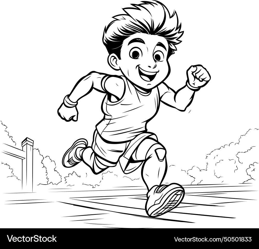 Running boy - black and white cartoon Royalty Free Vector