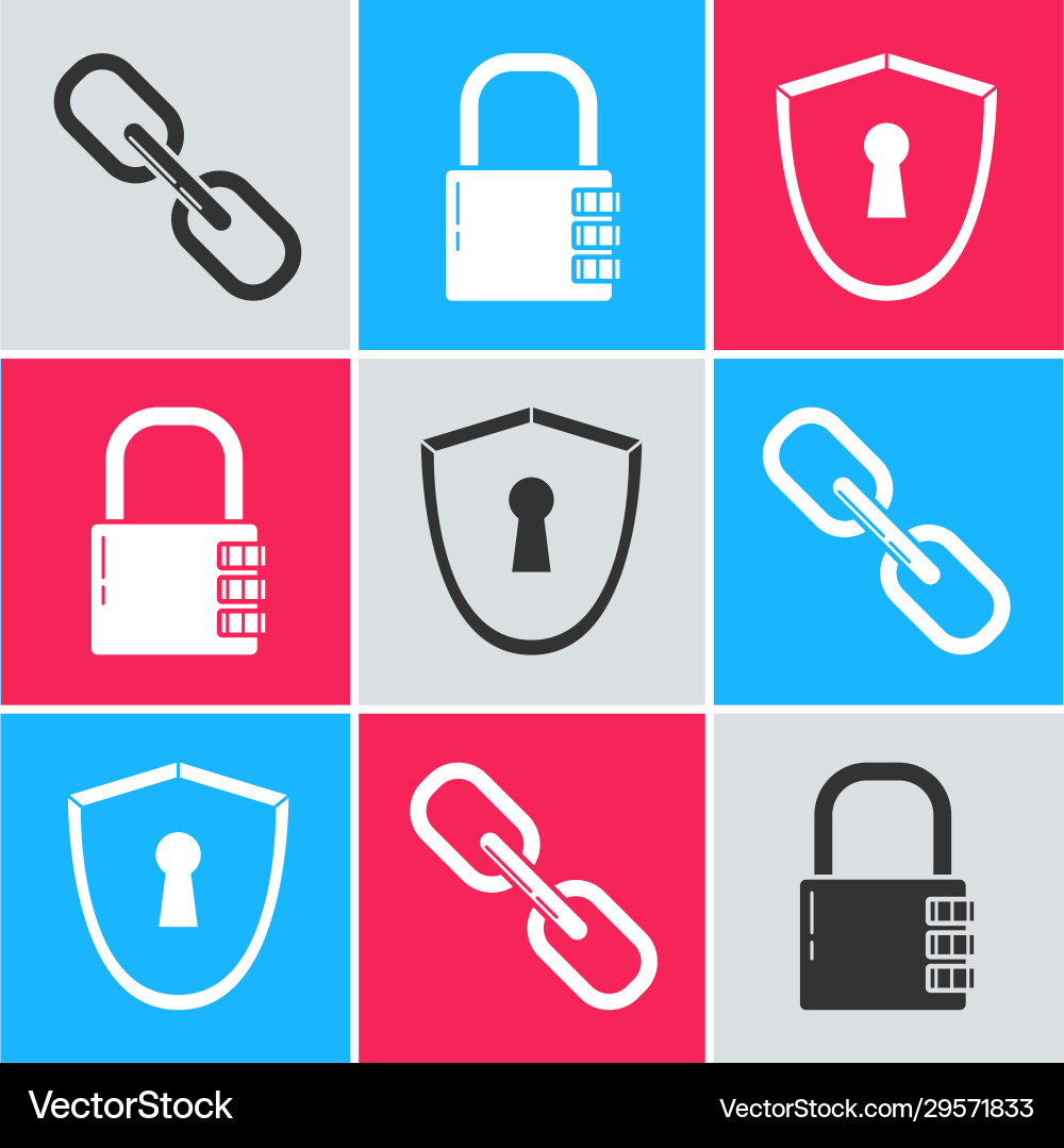 Set chain link safe combination lock and shield Set chain link safe combination lock and shield vector image