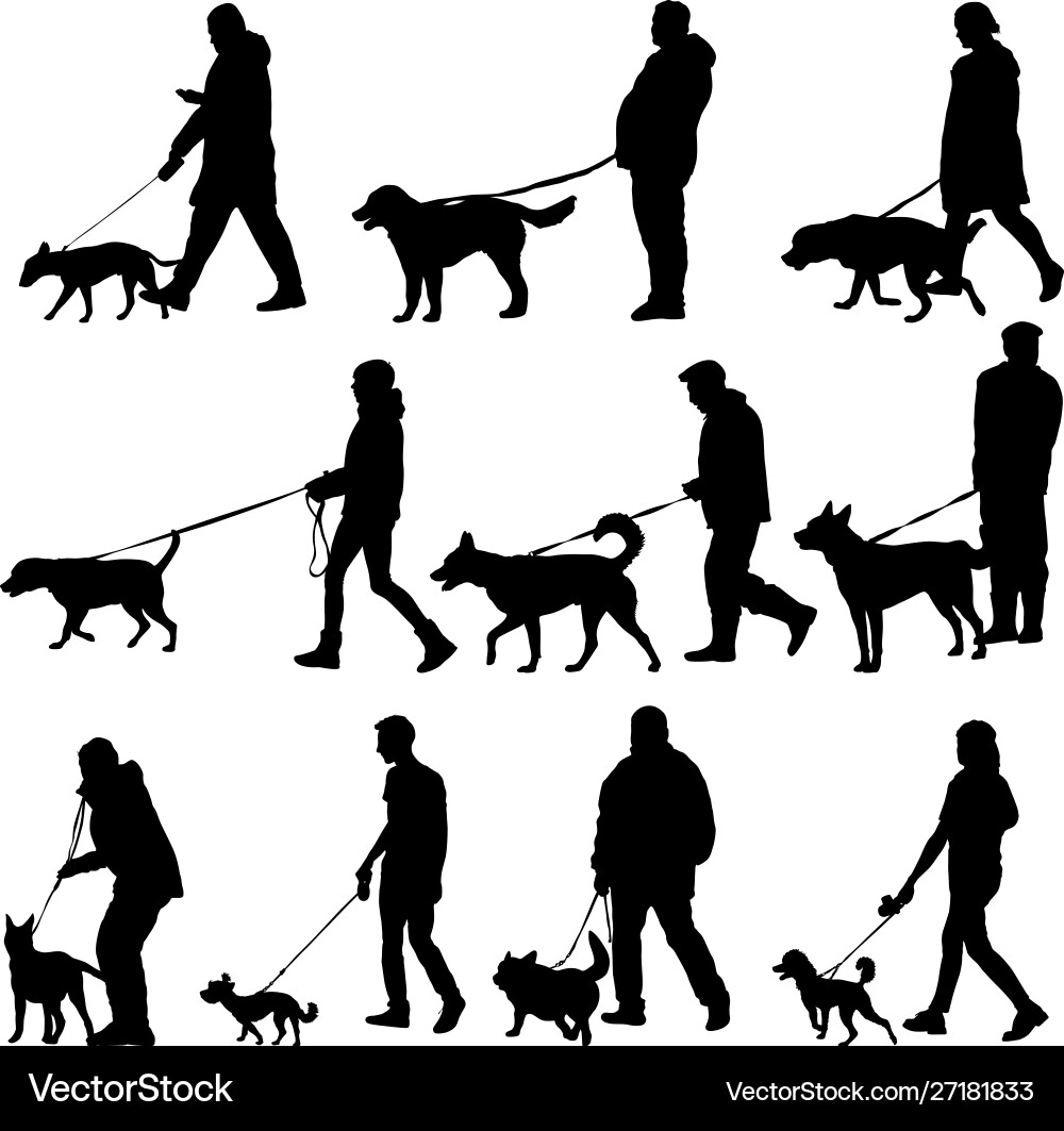 Silhouette People and Dog Set Vector Image