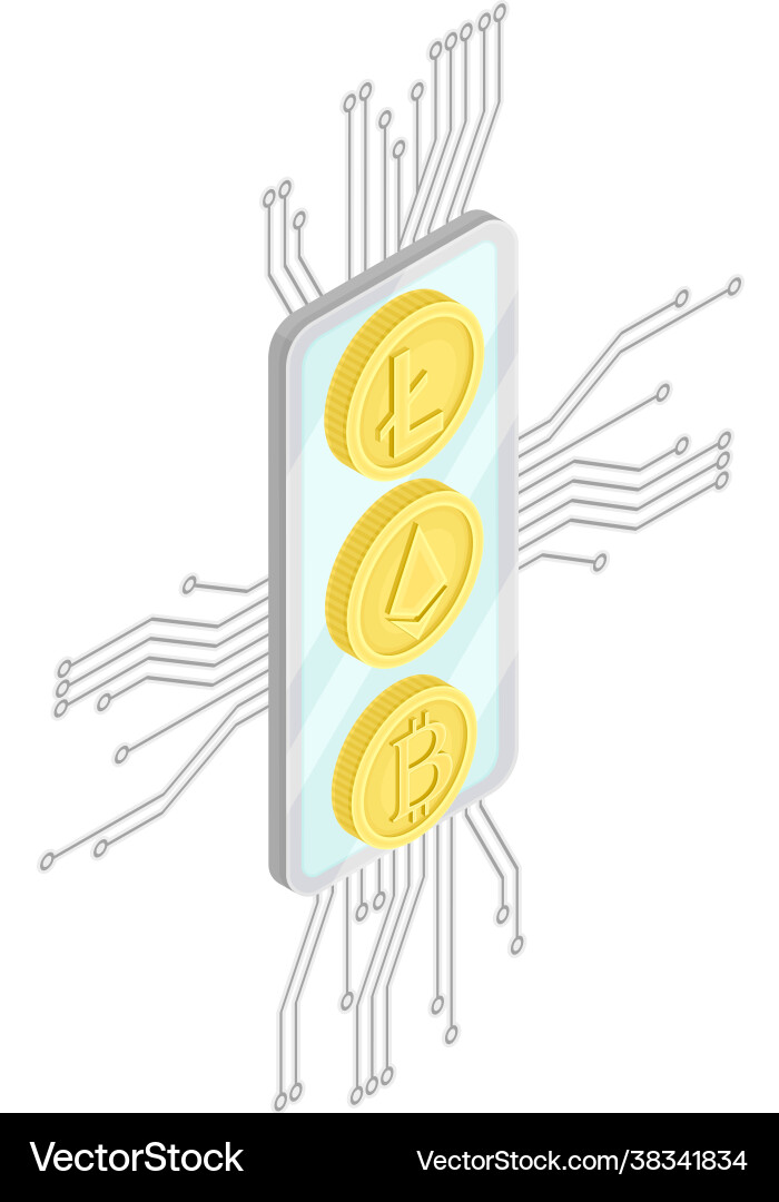 Blockchain technology with bitcoin microcircuit vector image