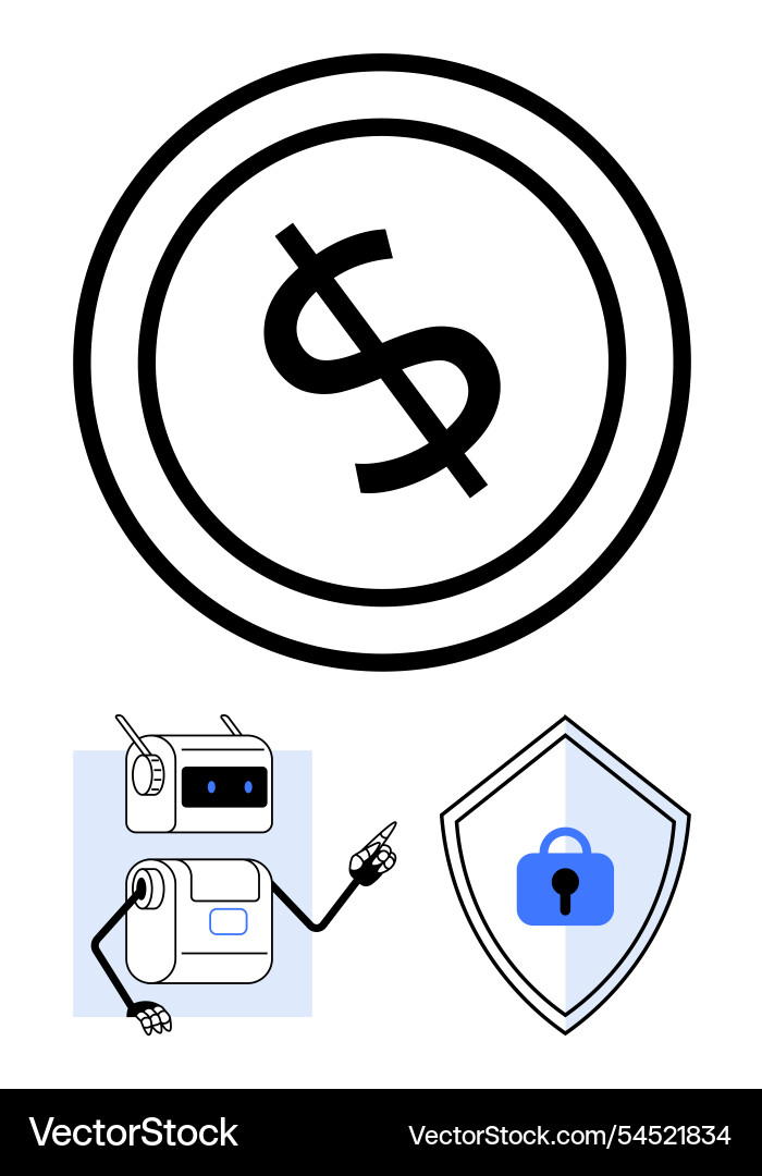 Dollar symbol within circle and robot pointing Dollar symbol within circle and robot pointing vector image