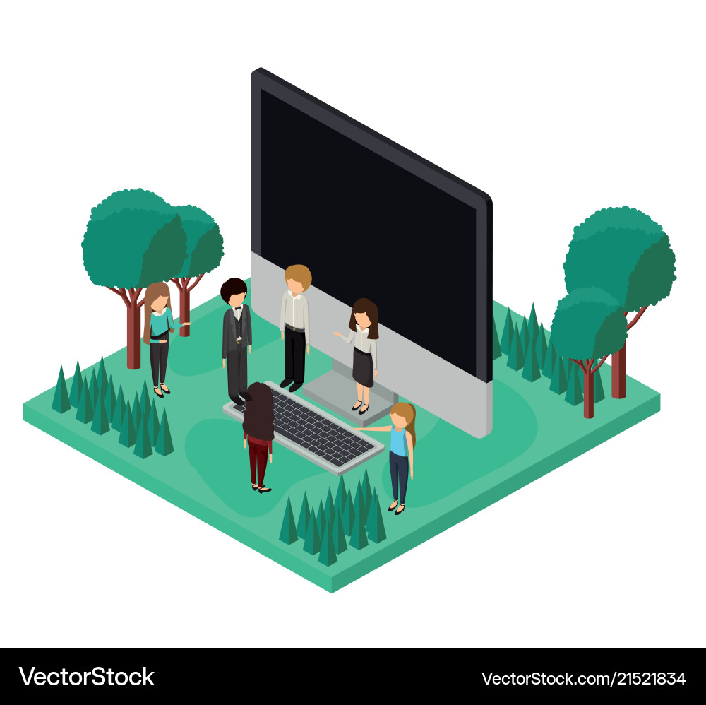 Mini people with forest scene and desktop computer Vector Image
