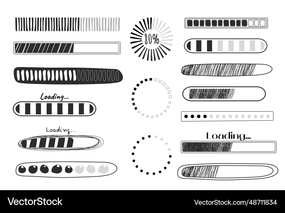 Set loading bar progress in doodle style isolated Set loading bar progress in doodle style isolated vector image