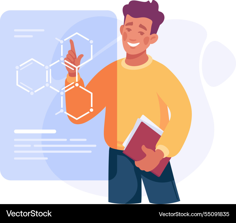 Man student character at interactive screen Man student character at interactive screen Vector Image