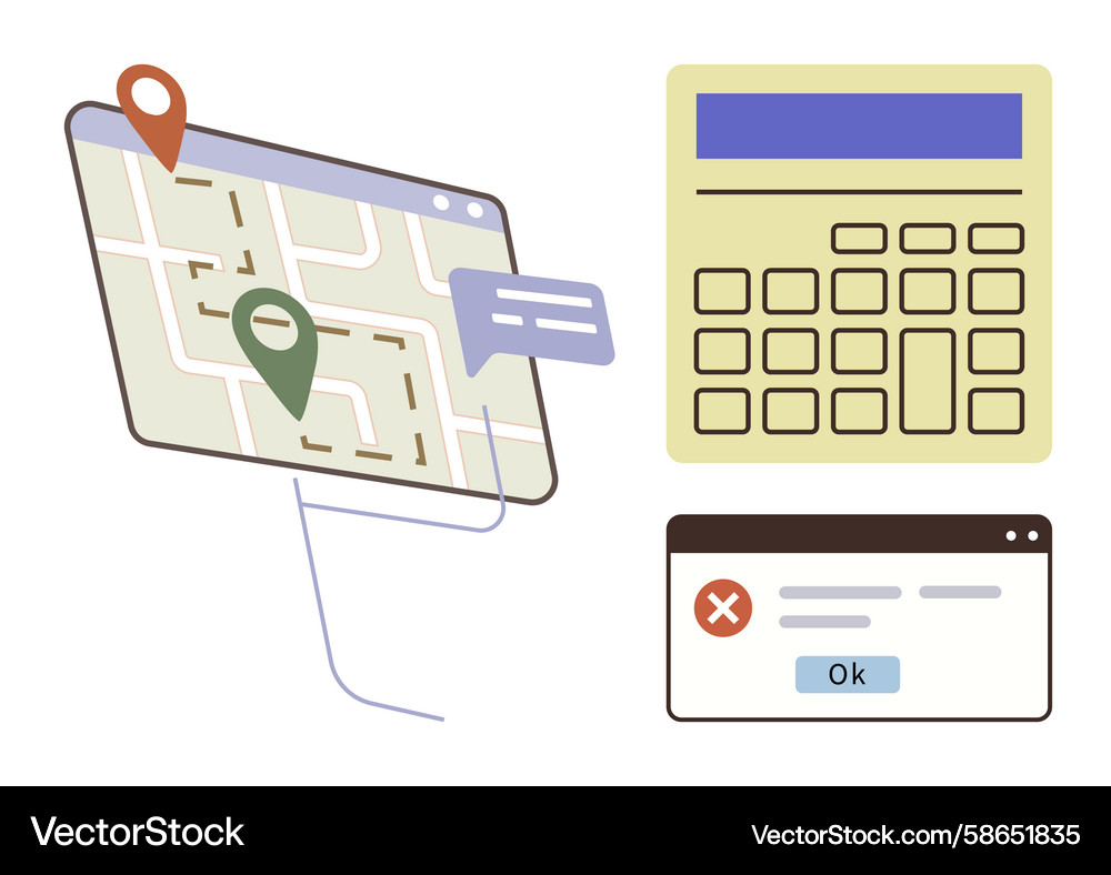 Navigation map with location pins calculator Navigation map with location pins calculator Vector Image