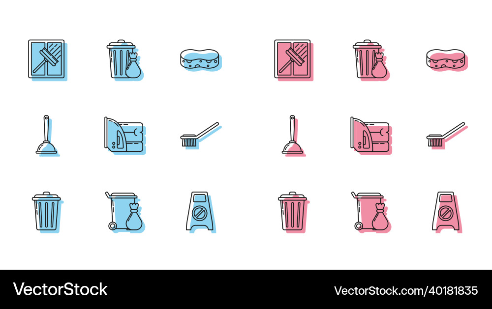Set line trash can squeegee scraper wiper wet Vector Image