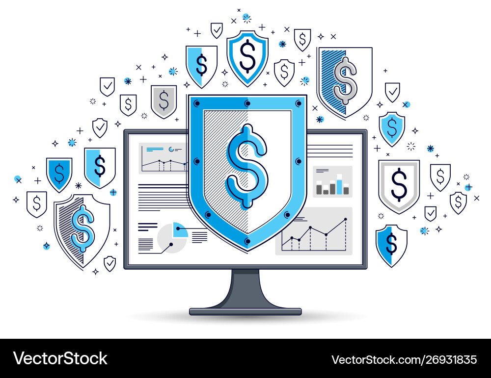 Shield over computer monitor and dollar set Shield over computer monitor and dollar set vector image