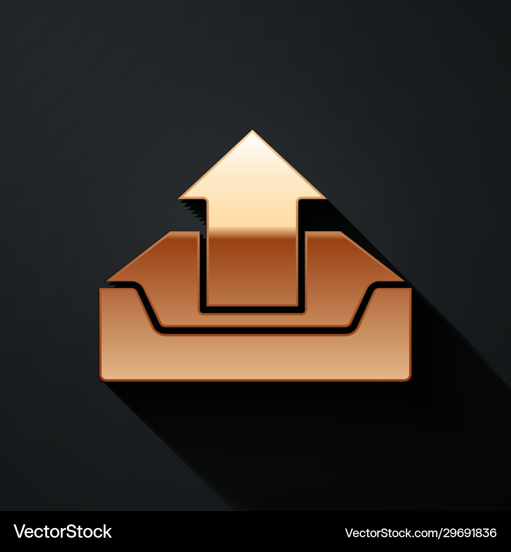 Gold upload inbox icon isolated on black vector image