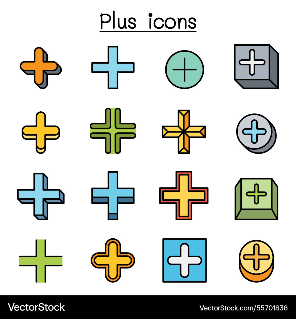 Plus positive cross add icon set in colorline Plus positive cross add icon set in colorline vector image