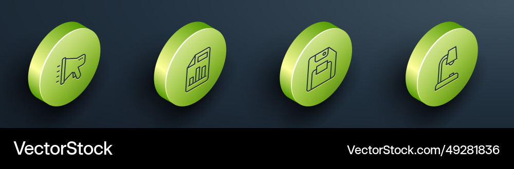 Set isometric line megaphone document with graph Set isometric line megaphone document with graph vector image