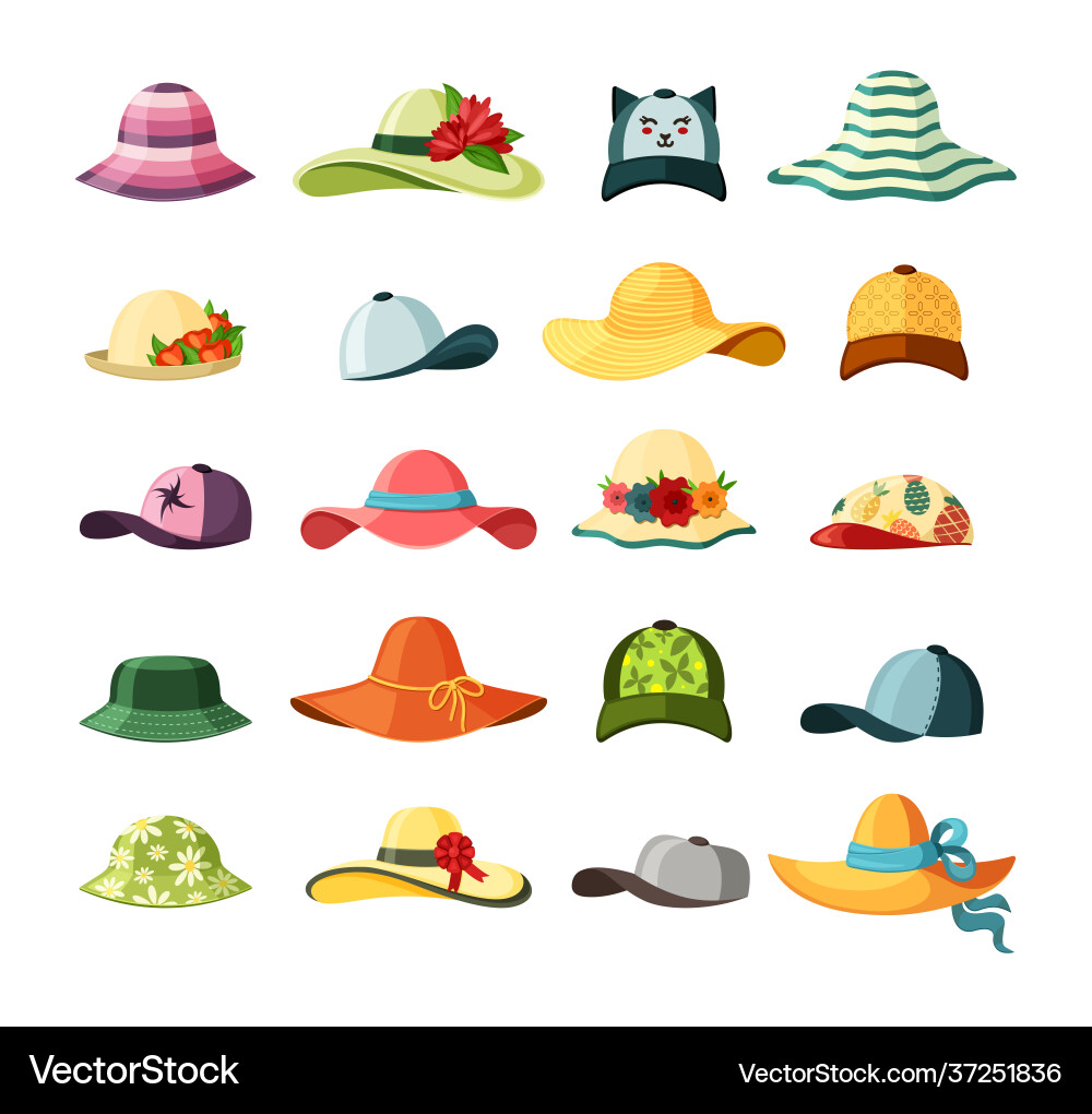 Wide brimmed hats and caps set stylish baseball Wide brimmed hats and caps set stylish baseball vector image
