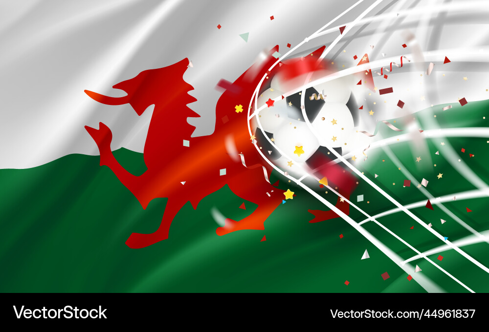 Ball in the soccer net goal concept with flag Ball in the soccer net goal concept with flag vector image