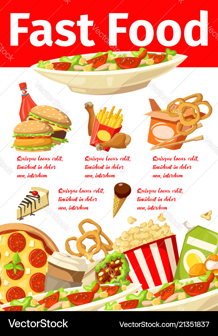 Junkfood snacks fast food menu poster Junkfood snacks fast food menu poster vector image