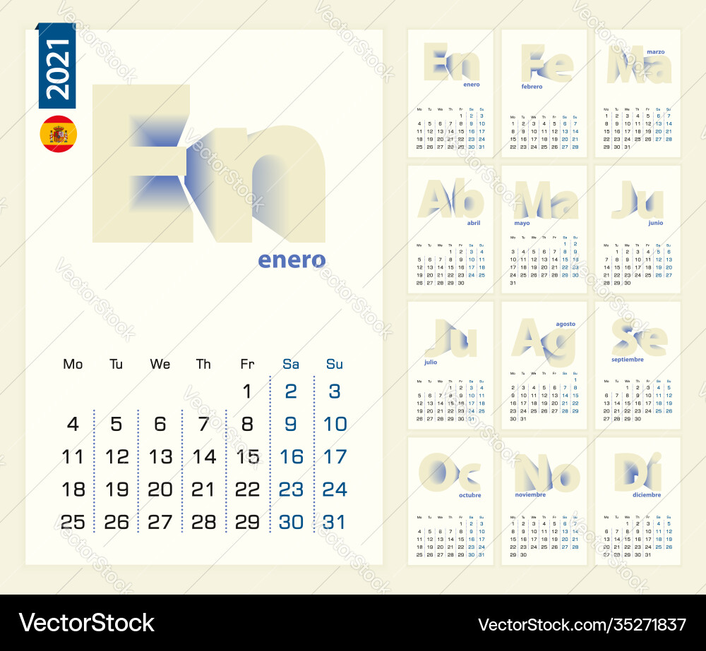 Kalender 2021 Vorlage in spanischer Sprache Kalender 2021 Vorlage in spanischer Sprache vektorbild