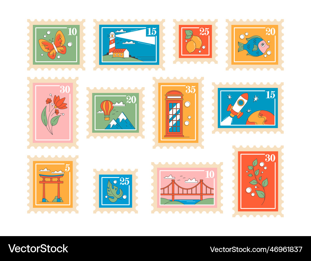 Set of postal stamps featuring variety designs Set of postal stamps featuring variety designs vector image
