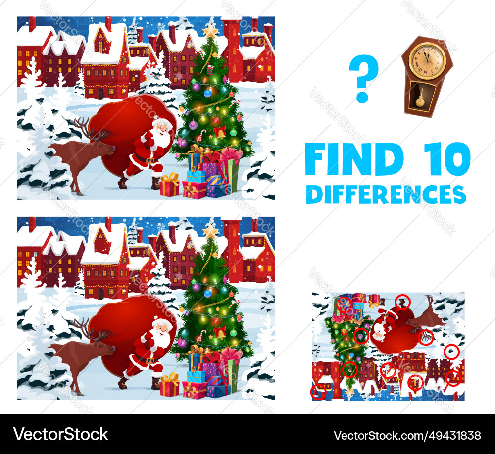 Christmas game worksheet find ten differences vector image