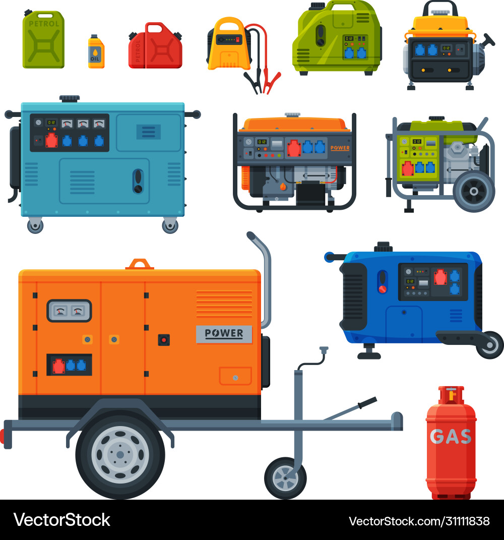 Different types industrial power generators set Different types industrial power generators set vector image