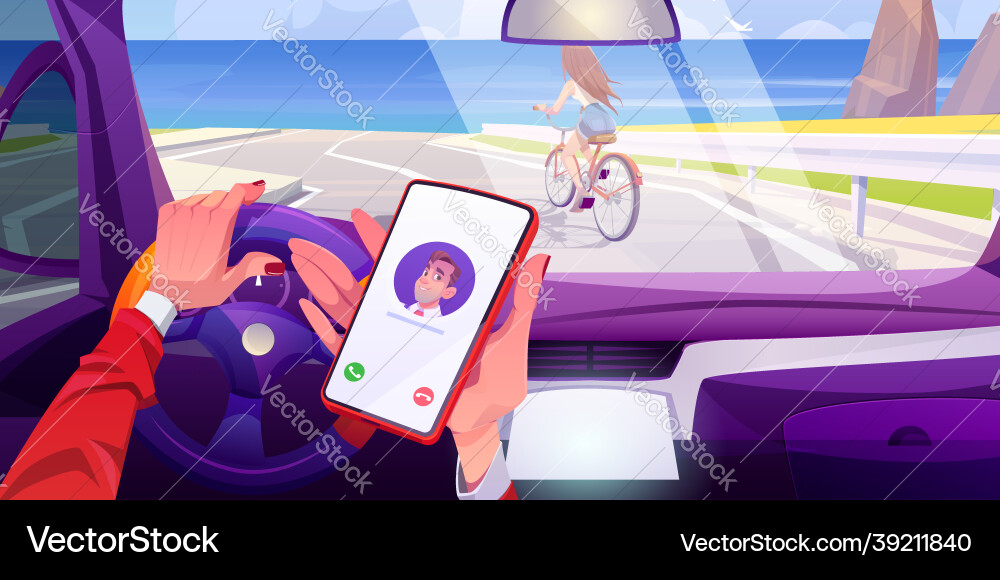 Driver hands holding mobile phone steering car vector image