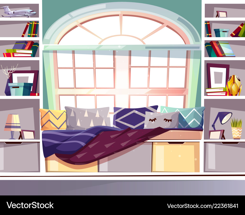 Bay window seat at home library interior Vector Image