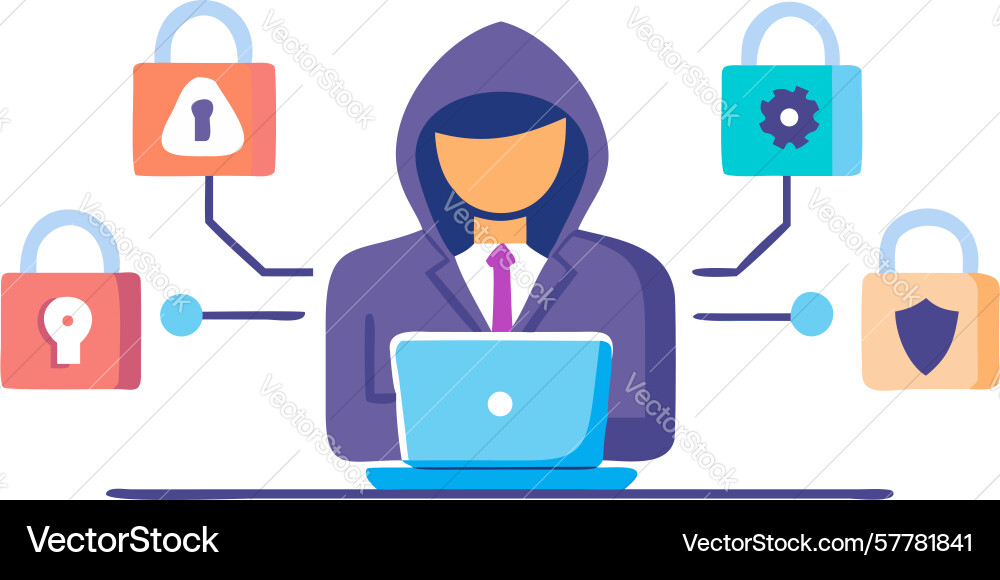 Hacker with cyber security padlock symbols design vector image