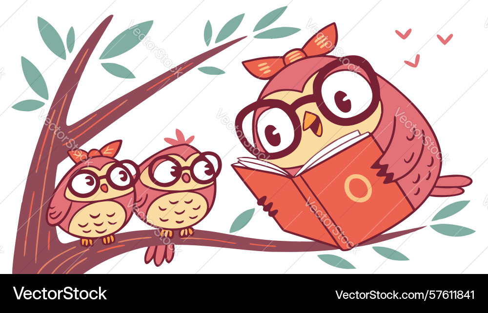 Wise owl reading to owlets on tree branch design Vector Image