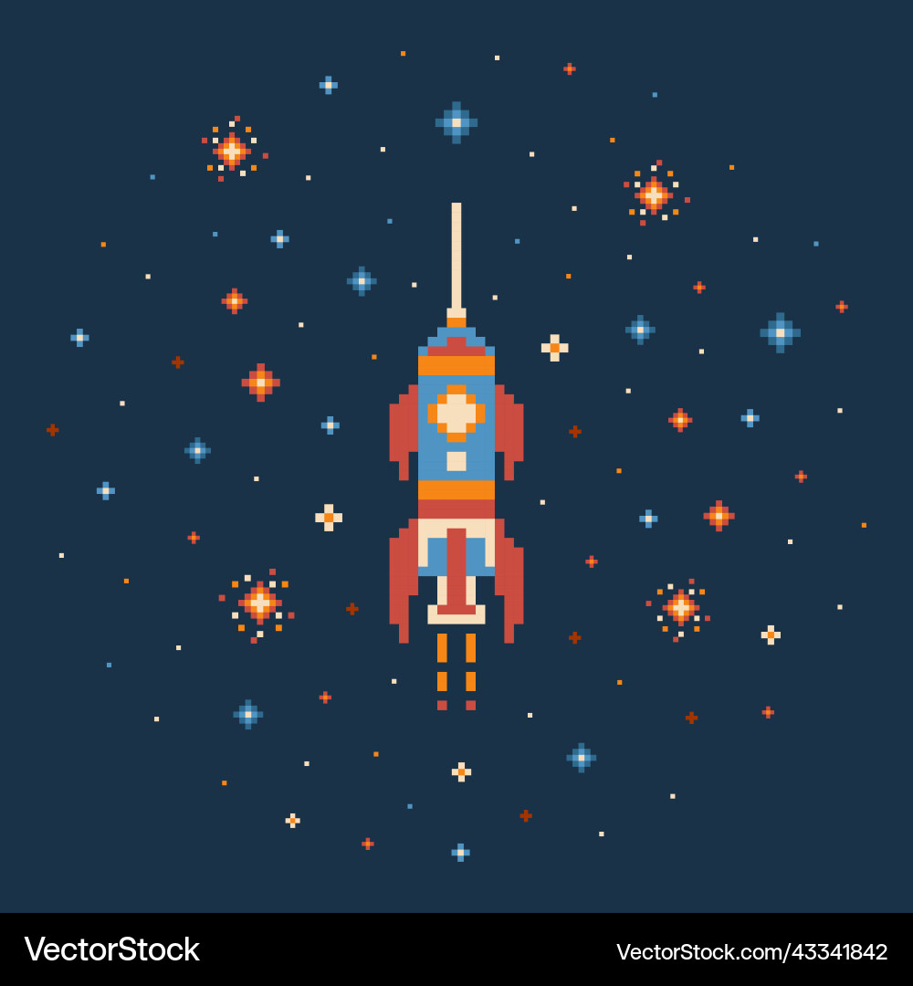 8 bit pixel art rocket in outer space 8 bit pixel art rocket in outer space Vector Image