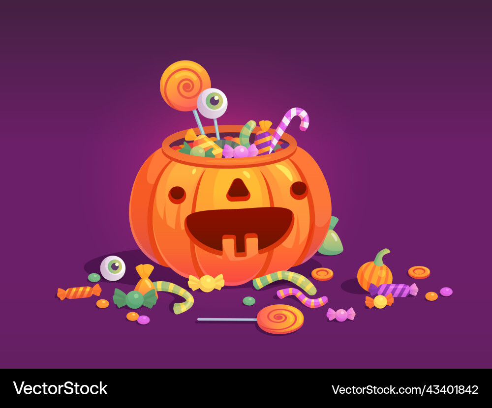 Candies in pumpkin bag halloween pumpkins bucket Candies in pumpkin bag halloween pumpkins bucket vector image