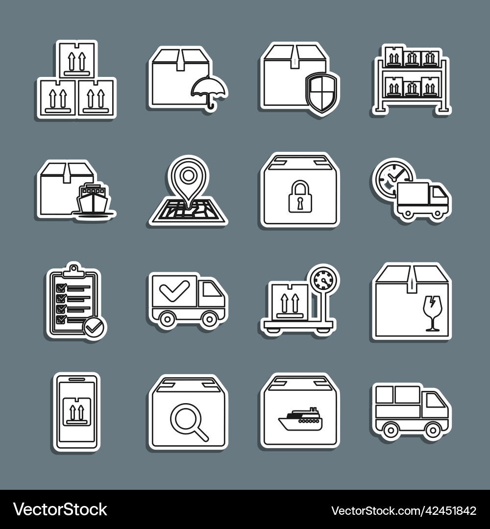 Set line delivery truck with boxes fragile Vector Image