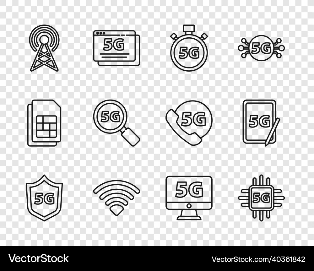 Set line protective shield 5g processor digital Set line protective shield 5g processor digital vector image