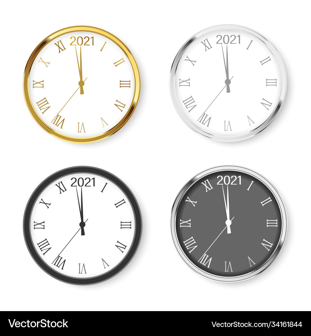 Set round 2021 new year clocks with soft shadow Set round 2021 new year clocks with soft shadow vector image