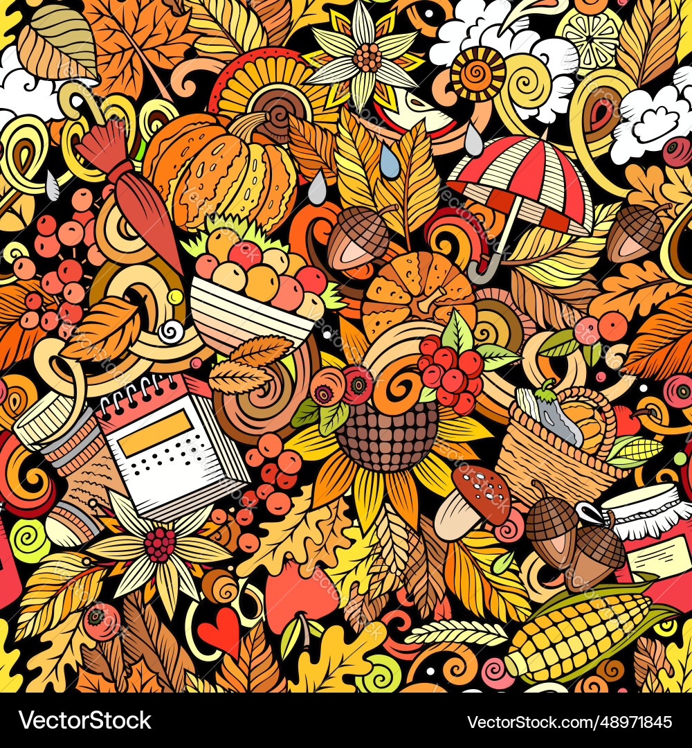 Cartoon doodles autumn seamless pattern Cartoon doodles autumn seamless pattern vector image