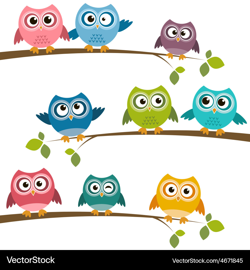 Colorful Cartoon Owls on Branches Vector Image