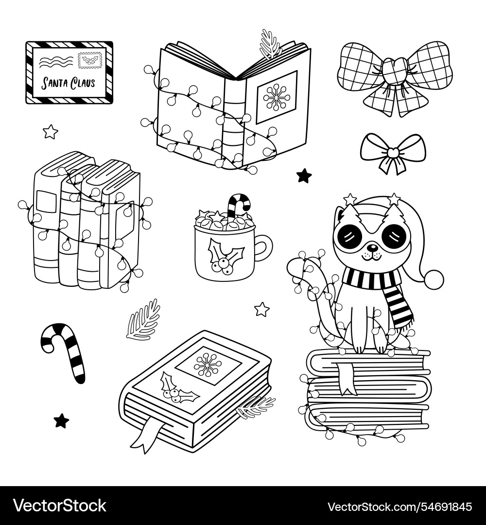 Outline set of isolated stack books and cat Outline set of isolated stack books and cat vector image