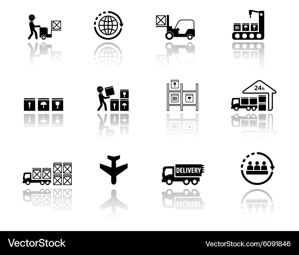 Set logistic icons with mirror reflection vector image
