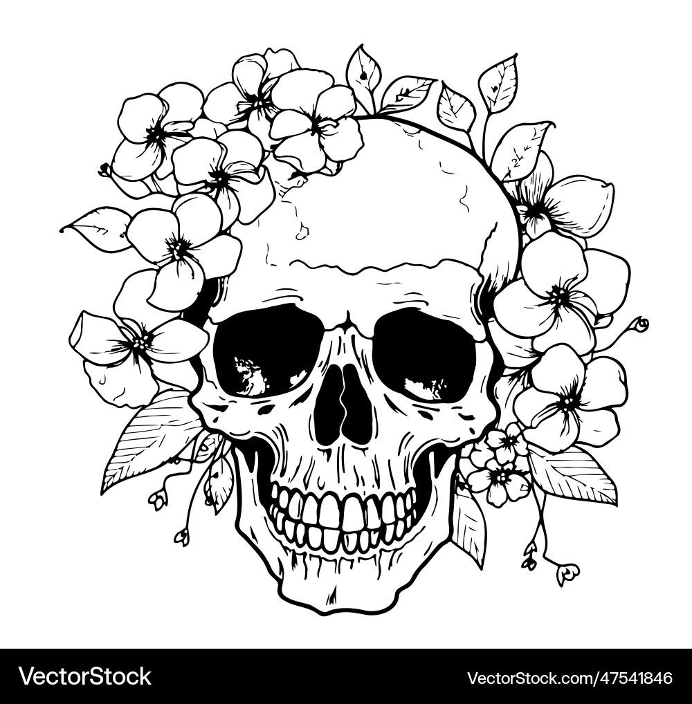 Skull in flowers sketch hand drawn engraving style Skull in flowers sketch hand drawn engraving style Vector Image