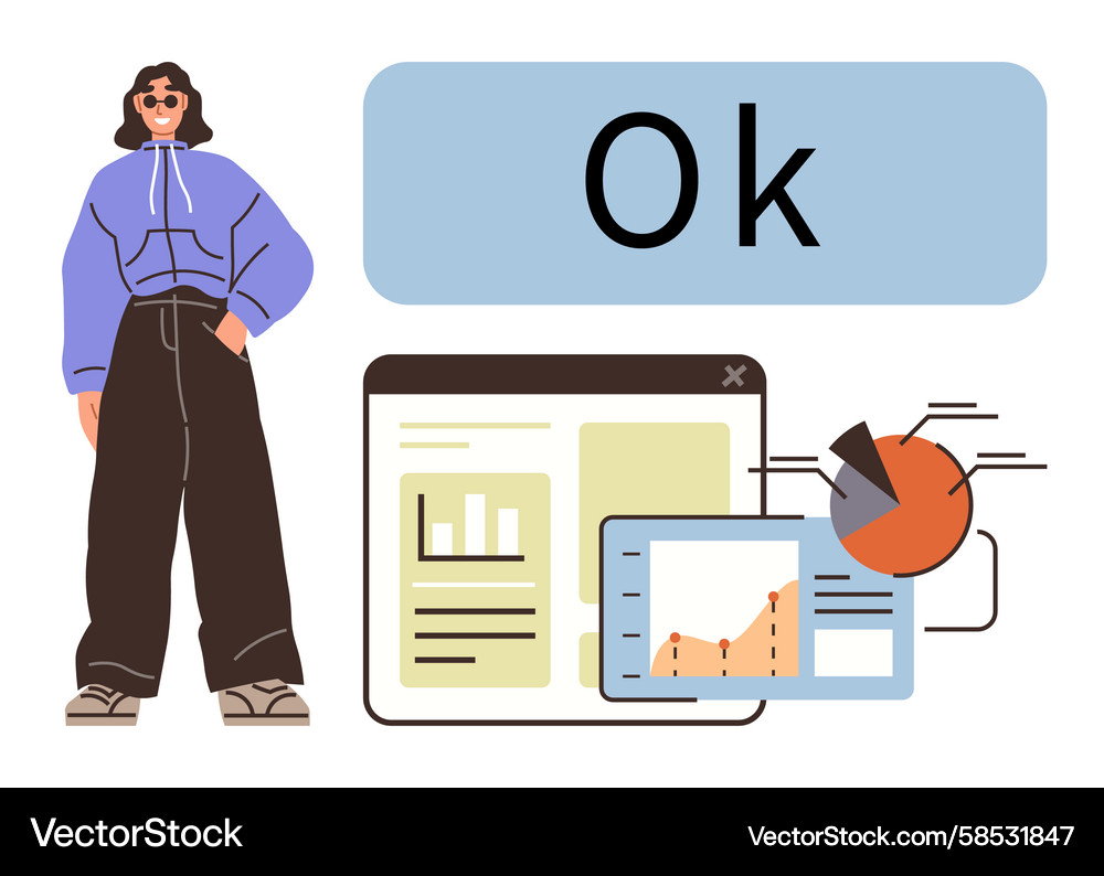 Analytics Dashboard with OK Text Vector Image