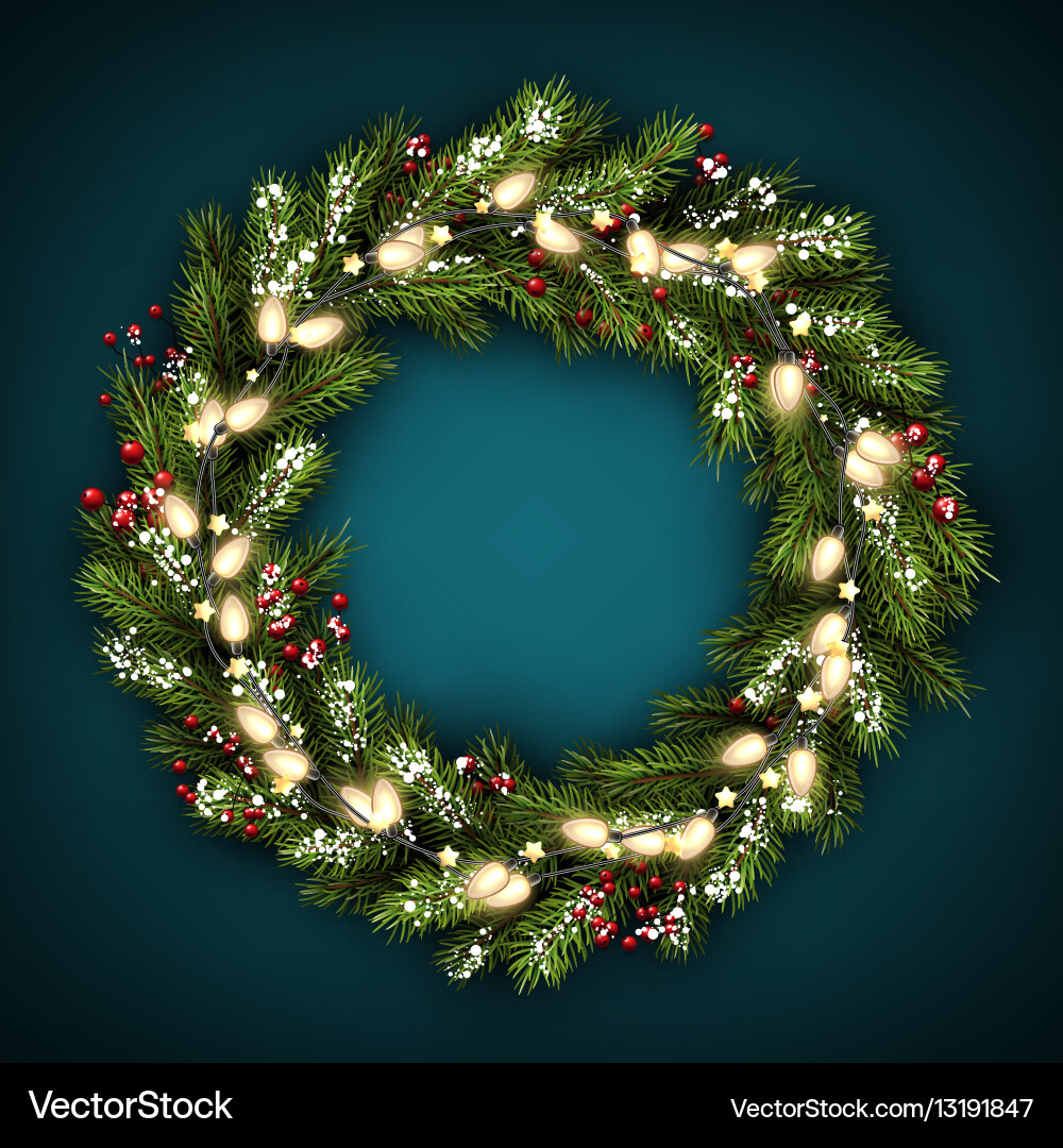 Christmas Wreath with Lights and Holly Vector Image