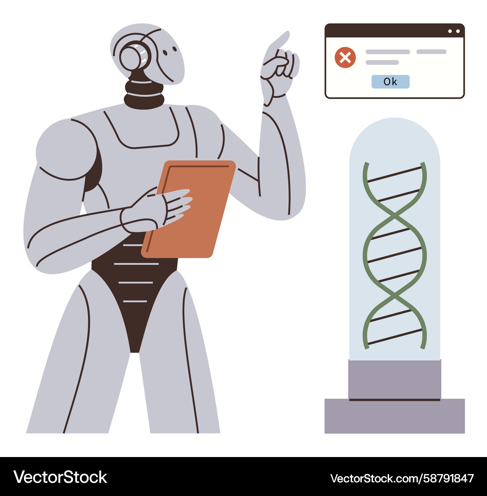 Humanoid robot reviewing genetic data and error Humanoid robot reviewing genetic data and error Vector Image