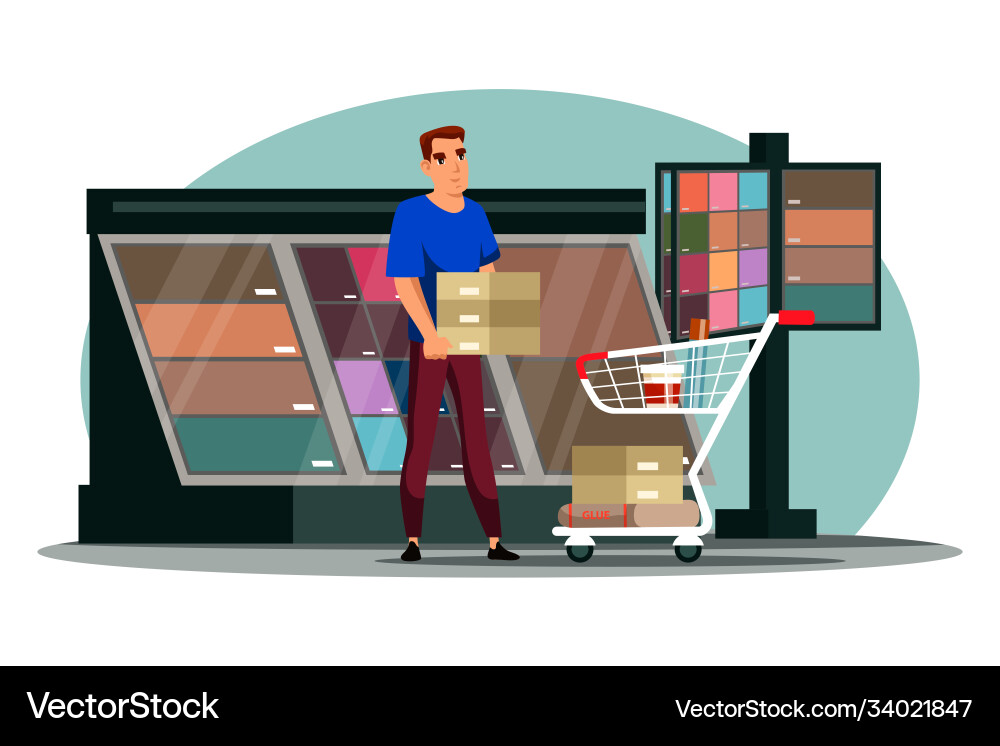 Man choose glue stoneware tile in hardware store Man choose glue stoneware tile in hardware store vector image
