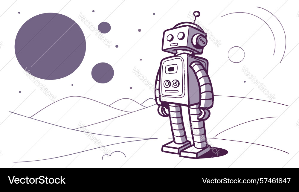 Retro robot astronaut exploring abstract space vector image