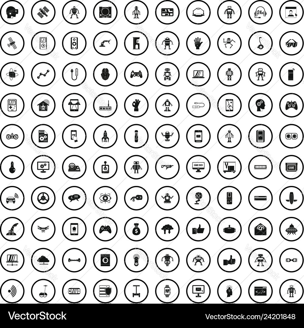 100 robot icons set simple style vector image
