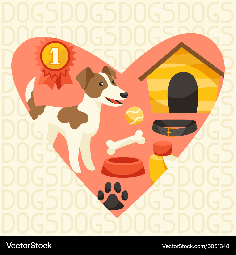 Background with cute dog icons and objects vector image