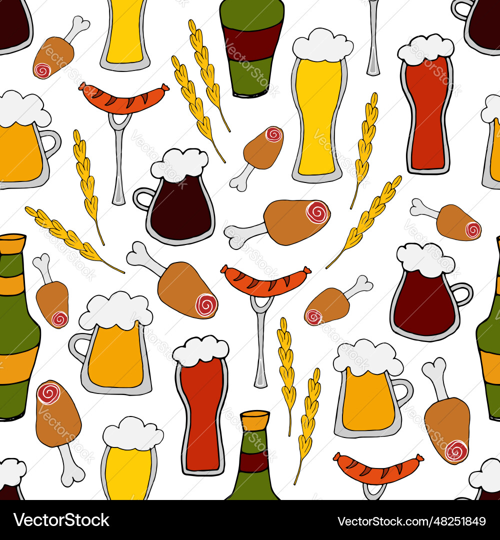 Pattern different types of beer with snacks vector image