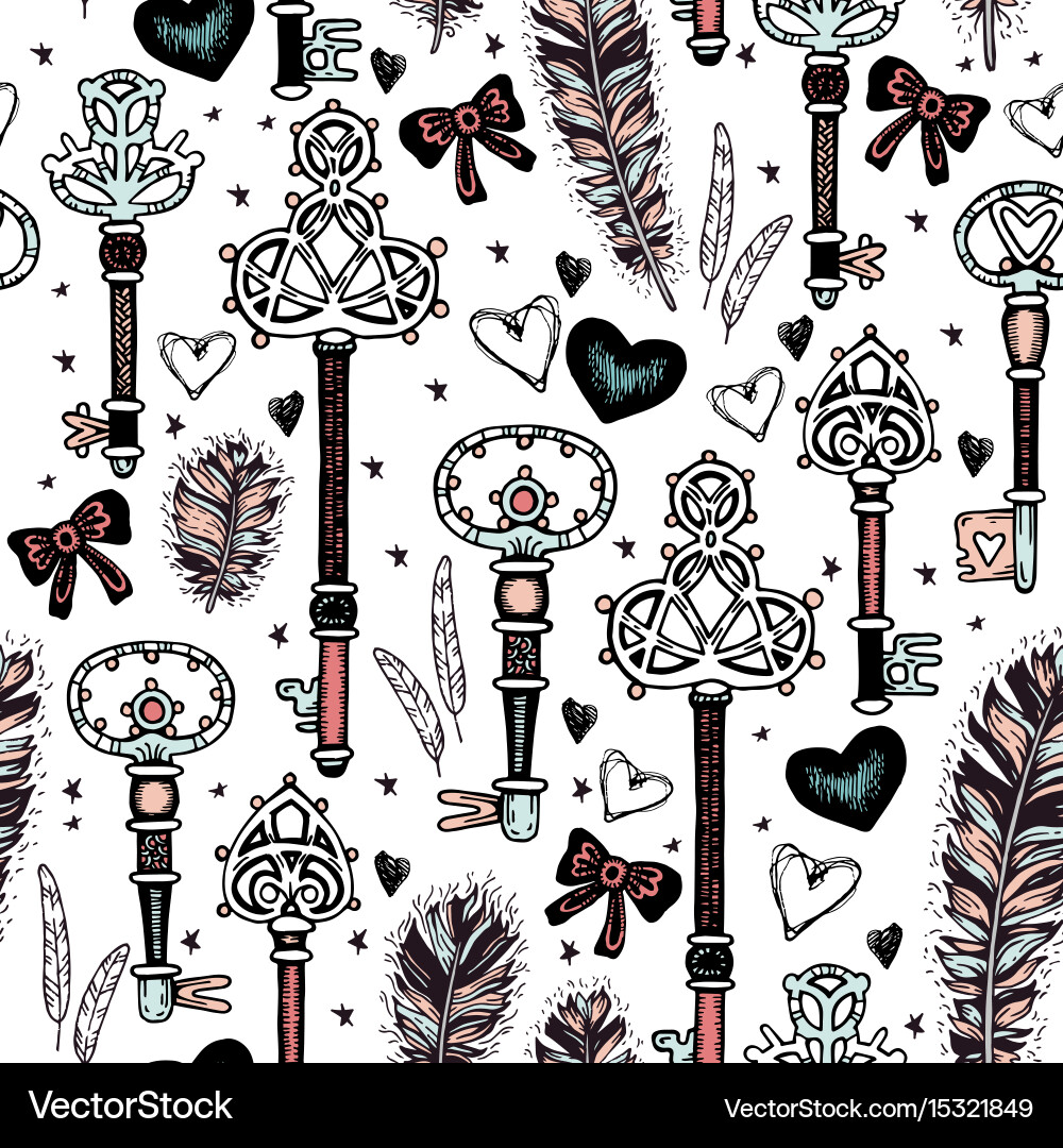 Vintage Keys with Pink Bows Pattern Vector Image