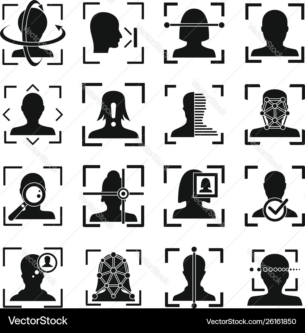 Face recognition system id icons set simple style Face recognition system id icons set simple style vector image