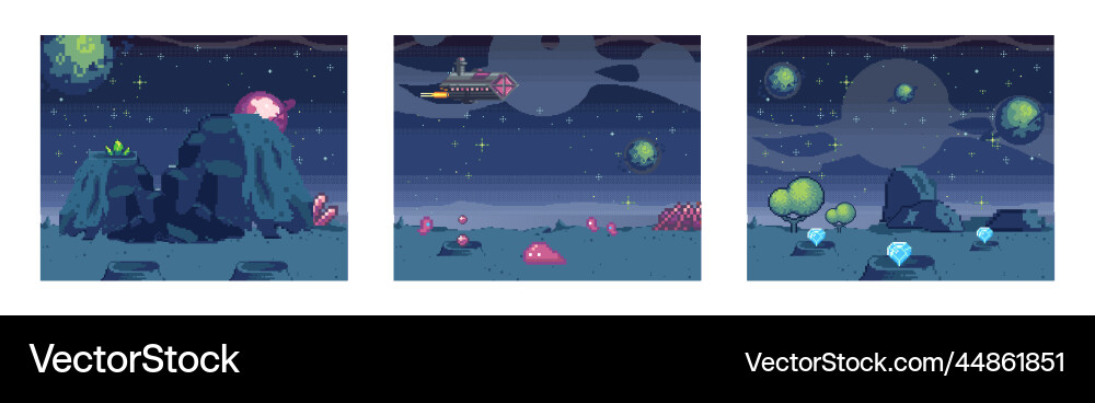 Cosmic scenes set in pixel art pixelated location vector image